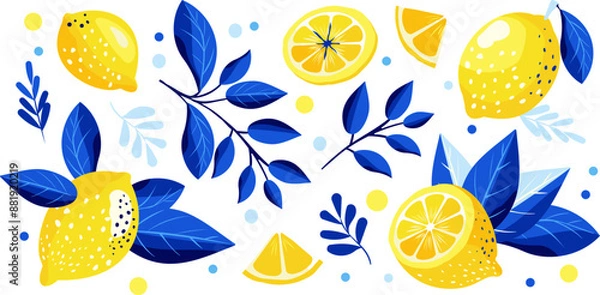 Obraz Cute vector set of lemon pattern in yellow and blue colors. Tropical fruit slice, fresh green leaves, yellow lemons on a blue background.