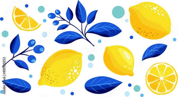 Obraz Cute vector set of lemon pattern in yellow and blue colors. Tropical fruit slice, fresh green leaves, yellow lemons on a blue background.