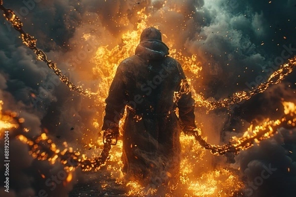 Obraz man breaking free of chains in fire, concept of freedom