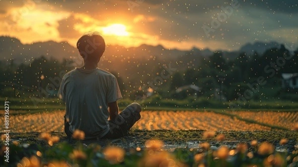 Fototapeta The young Thai man sits with a profoundly Crying very hard expression amid lush green rice fields. The atmosphere is filled with a gentle, drizzling rain during the late evening