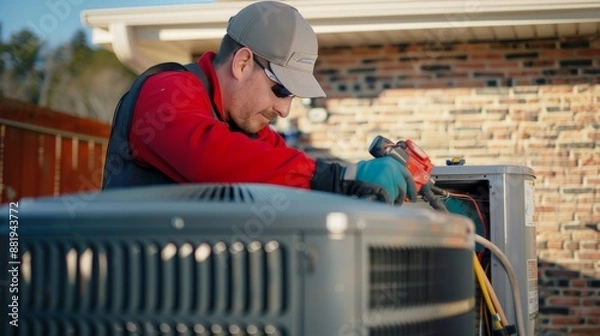 Fototapeta HVAC Technician Working on an Air Conditioner