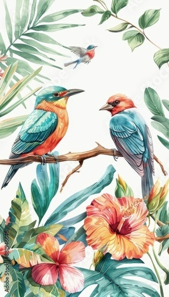Fototapeta Two birds are perched on a branch in a lush green forest