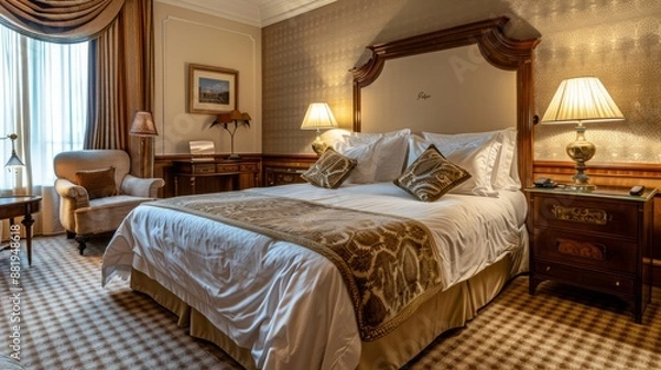 Fototapeta Elegant Hotel Room with Luxurious Bedding