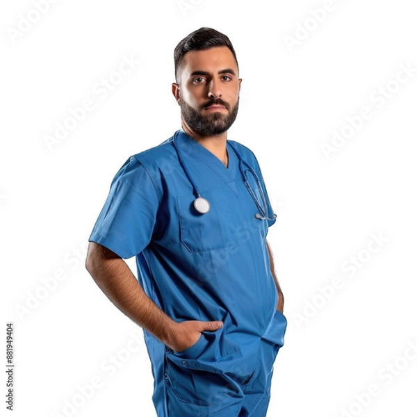 Fototapeta Healthcare, profession and medicine concept - happy smiling doctor or male nurse in blue uniform with stethoscope. Transparent background or PNG file