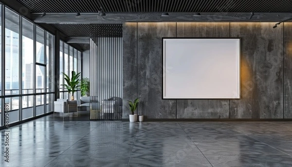 Obraz Modern glass, metal, and stone office interior mockup frame in background. Empty frame on wall