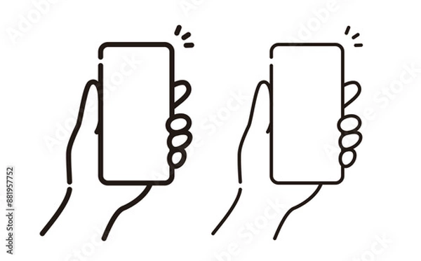 Obraz スマートフォンを持つ手のシンプルイラスト素材 細い線と太い線のセット