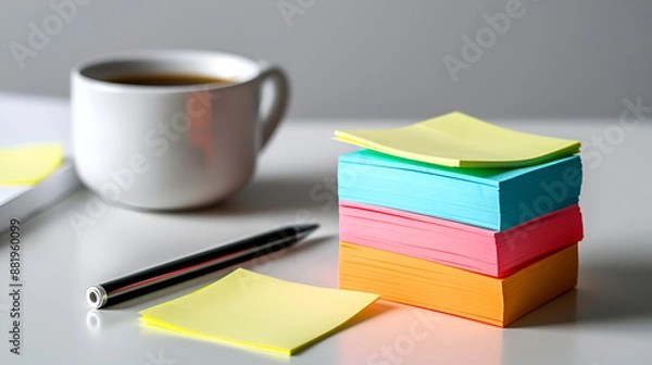 Fototapeta Colorful Sticky Notes and Coffee Cup on Office Desk