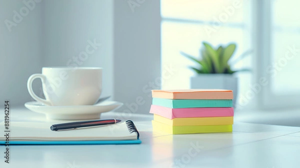Fototapeta Organized Desk with Colorful Sticky Notes and Coffee Cup