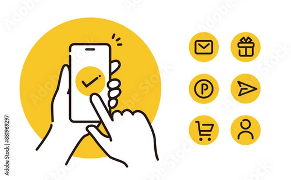 Obraz キャッシュレス、メール送受信、オンライン決済説明などに使える スマートフォンをタッチするイラスト素材