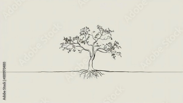 Fototapeta Elegant, line-art illustration of a solitary tree with delicate, branching silhouette.