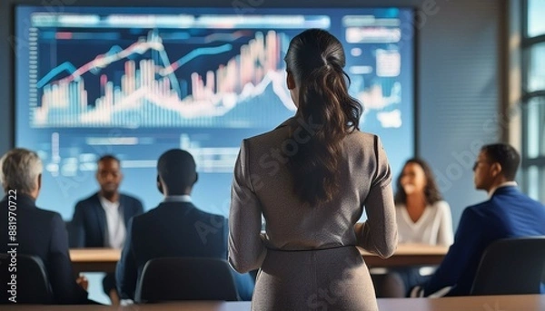 Fototapeta Business Woman from behind on her first day at new job in a Meeting | Blured Graphs Diagramms Figures People