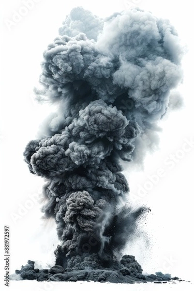 Fototapeta Volcanic ash clouding the sky after an eruption, dark and dense, white background