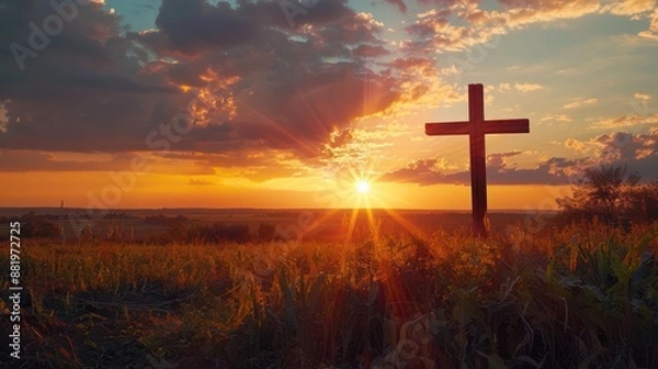 Fototapeta Silhouette of Cross in the Sunset