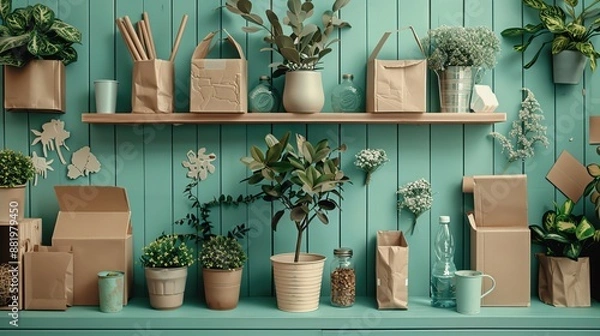 Fototapeta Encourage recycling with a creative arrangement of recyclable materials in a clean setting