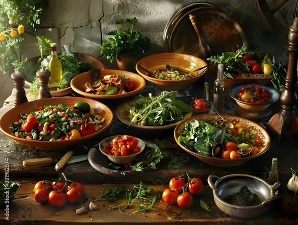 Fototapeta Vibrant Mediterranean Meal on Rustic Wooden Table with Dramatic Lighting