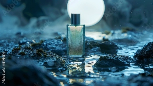 Obraz Product photography scene with a bottle of Green perfume placed on a dark grey rocky water surface  " ai generated "
