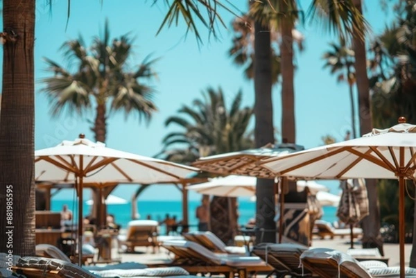 Fototapeta A charming beach setting featuring sun loungers under white umbrellas, shaded by tall palm trees, portraying an ideal atmosphere for relaxation by the ocean on a sunny day.
