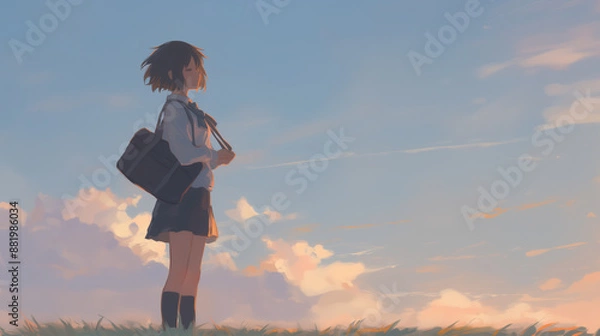 Obraz Anime Girl Standing Under Sky With Clouds