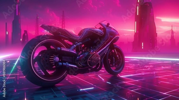 Obraz A cool, high-tech bike in a bright, neon world with a grid-like pattern on the landscape.