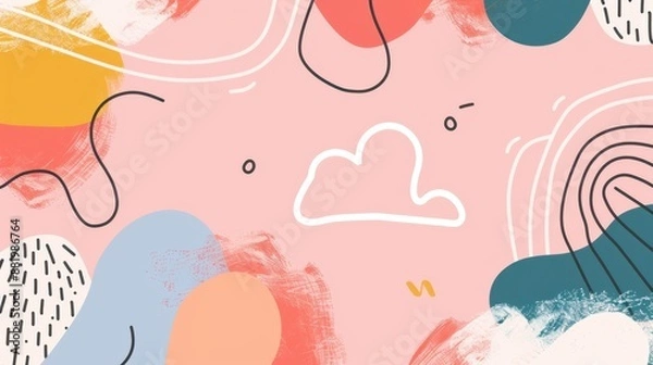 Obraz Whimsical abstract pattern with playful lines and a cloud shape on a soft pink background.