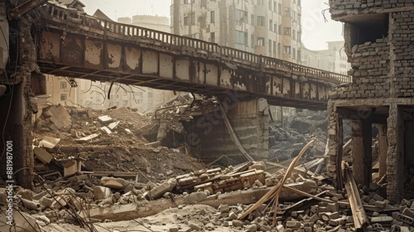 Fototapeta A striking image of a fallen cityscape, with sharp, detailed shots of a collapsed bridge and the surrounding rubble. The photo captures the dramatic and haunting atmosphere of the fallen city