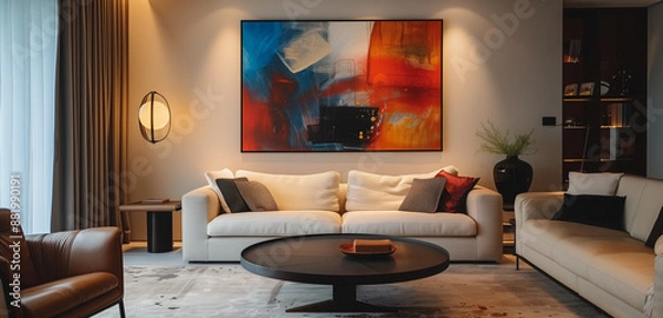 Fototapeta A chic living room showcasing sleek furniture, minimalist decor, and a prominent abstract painting on the wall, accented by warm lighting.