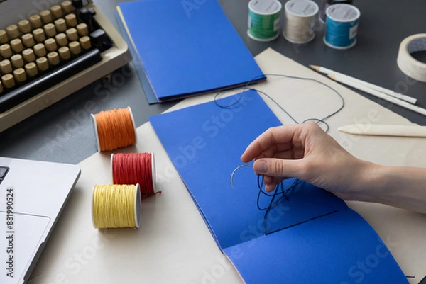Fototapeta High-quality image of a person binding a book using traditional coptic stitch technique. DIY bookbinding, handcrafting, artisan book, handmade, coptic stitch, binding tools, creative, detailed process