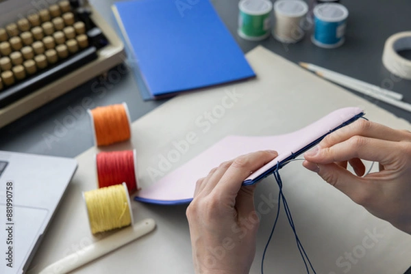 Fototapeta High-quality image of a person binding a book using traditional coptic stitch technique. DIY bookbinding, handcrafting, artisan book, handmade, coptic stitch, binding tools, creative, detailed process