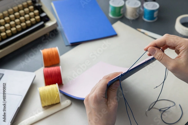 Fototapeta High-quality image of a person binding a book using traditional coptic stitch technique. DIY bookbinding, handcrafting, artisan book, handmade, coptic stitch, binding tools, creative, detailed process