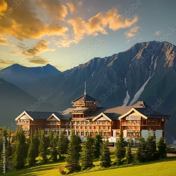 Obraz 高き山岳地帯に立つ伝統建築の宿