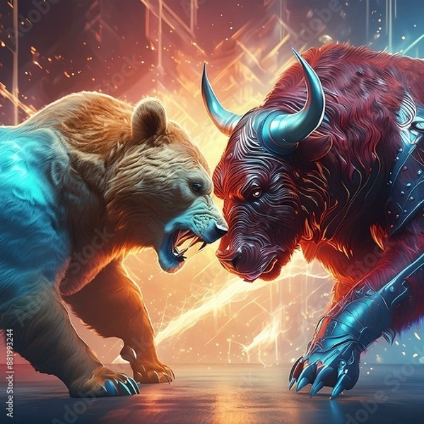 Obraz 雄牛と熊の激突