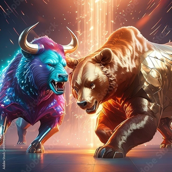 Obraz 青き雄牛と黄金の熊の熾烈な戦い