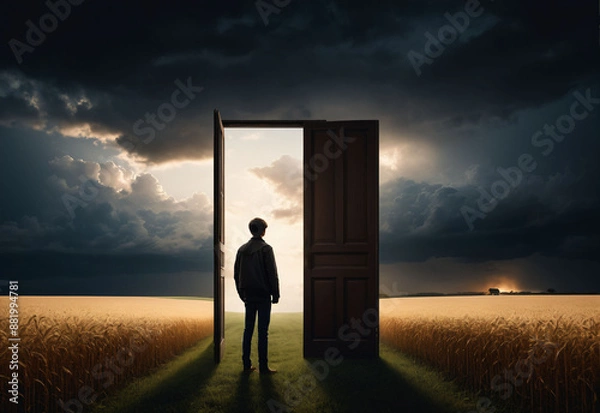 Fototapeta silhouette of a man standing in front of an open door behind which one can see a light full of clouds and sunlight ahead, the concept of the path of life, the choice that every person goes through