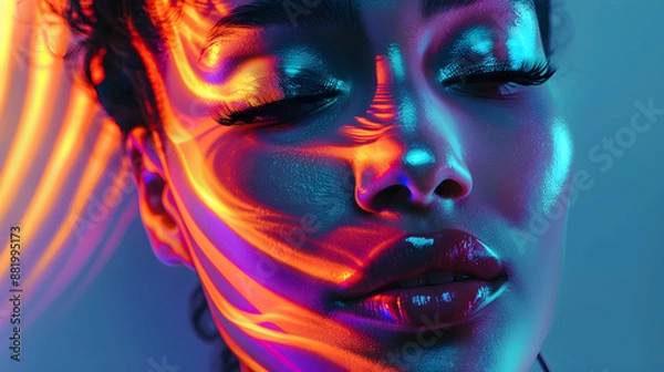 Fototapeta woman with colorful lighting on face, eyes closed, artistic vibe, suitable for contemporary art and fashion themes with copy space