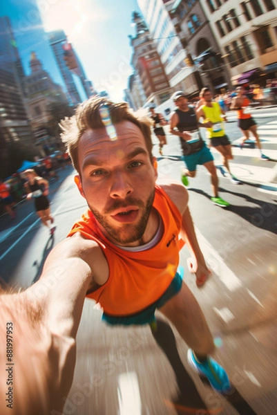 Fototapeta A crowd of marathon runners, participants running a half marathon through the streets of the city, a crowd of runners jogging in motion, group training of athletes outdoors.