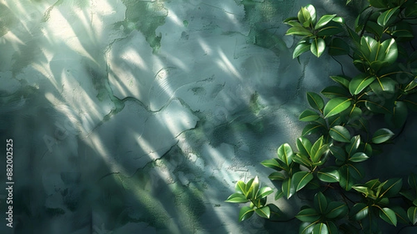 Fototapeta Sunlit green leaves with shadow play on a rough textured wall creating a tranquil natural atmosphere in a forest or garden setting.