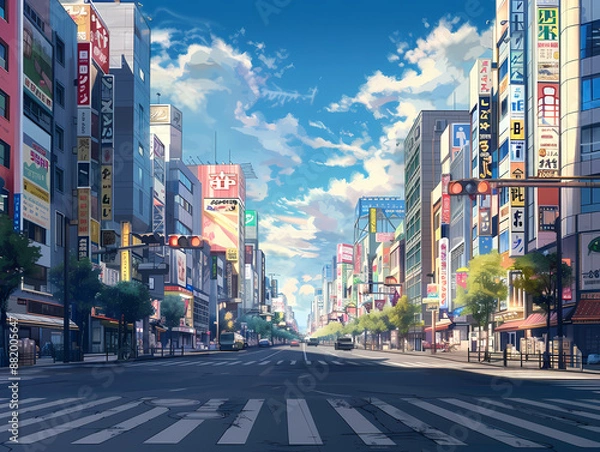 Fototapeta anime background illsutration, atmosphere of a empty street in the middle of a beautiful city