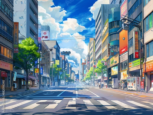 Fototapeta anime background illsutration, atmosphere of a empty street in the middle of a beautiful city