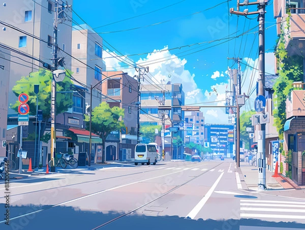 Fototapeta anime background illsutration, atmosphere of a empty street in the middle of a beautiful city