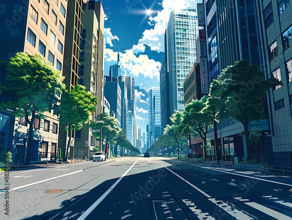 Fototapeta anime background illsutration, atmosphere of a empty street in the middle of a beautiful city