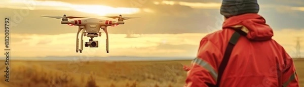 Fototapeta Remote control drone operator surveying land, advanced drone control