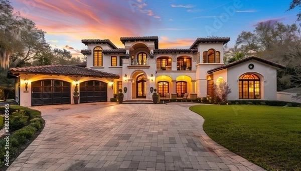 Fototapeta A beautiful photo of the front view of an elegant Spanish style home in Orlando, FL with a large stone driveway and lights on at sunset.