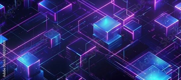 Obraz A futuristic digital background with neon blue and purple glowing cubes