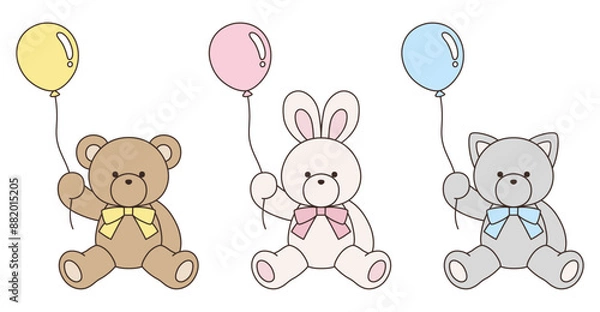 Fototapeta リボンをつけたかわいいくまとうさぎとねこのぬいぐるみのベクターイラストセット。アイコン、風船	