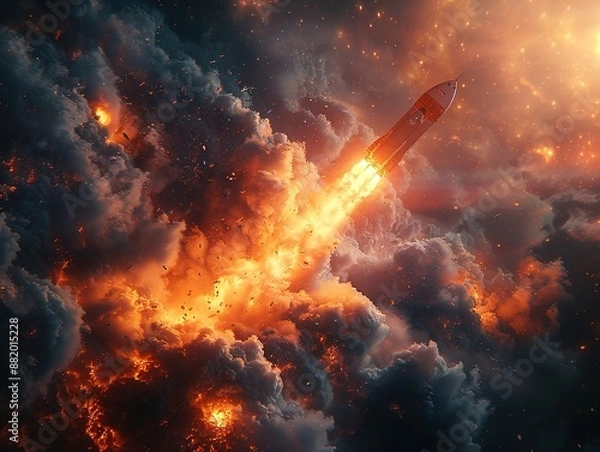 Fototapeta Rocket launching into the sky with fiery exhaust, depicting the adventure of galaxy exploration