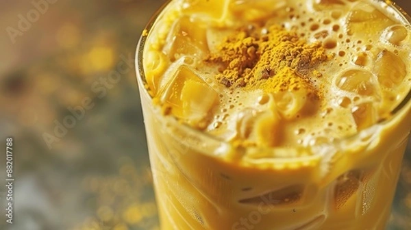 Fototapeta Golden Turmeric Latte: Macro View in Modern Glass with Exquisite Details and Soft Light Glow