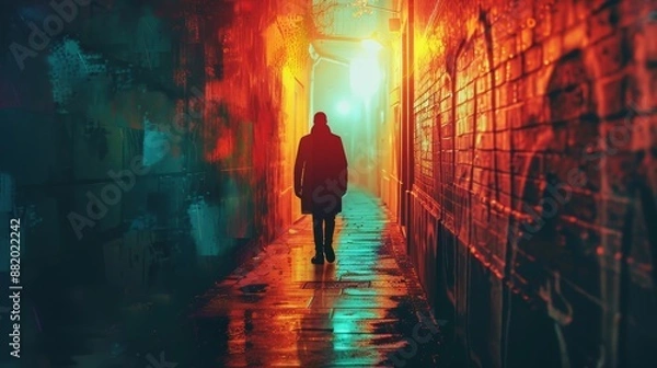 Fototapeta A man walks down a dark alleyway with graffiti on the walls