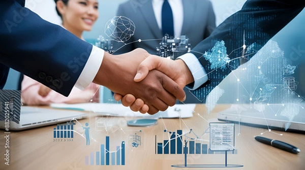 Obraz Multinational business people shaking hands and business data concept