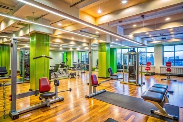 Obraz Vibrant fitness studio interior with exercise equipment, mirrors, and motivational posters, conveying a sense of energy and enthusiasm for an active lifestyle.