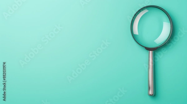 Fototapeta Magnifying glass with metallic handle on mint green background, symbolizing search, research, and discovery. Simple and minimalistic design.